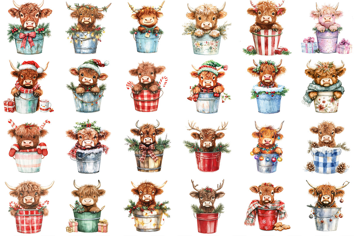 Christmas Highland Cows in Bucket, an Illustration by Designking (Photo 4 of 4)