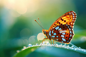 Vibrant butterfly on a leaf with water droplets, an Animal Photo by AlyaAnd