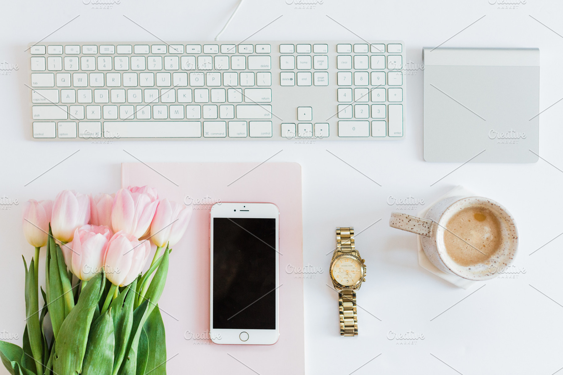 Coffee/Florals on desk w/ Gold Watch, a Beauty & Fashion Photo by T&V Design Co.