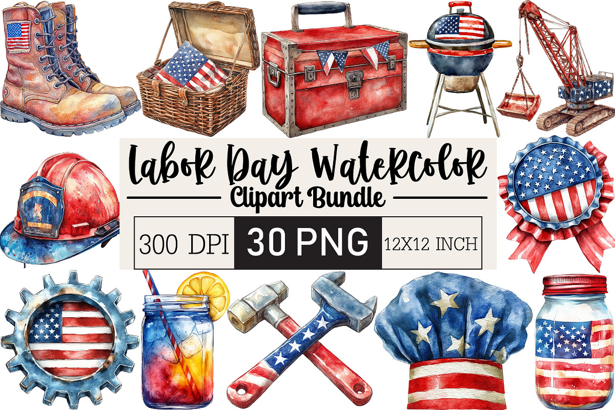 Labor Day Watercolor Clipart, an Illustration by Black Bird Studio (Photo 1 of 6)