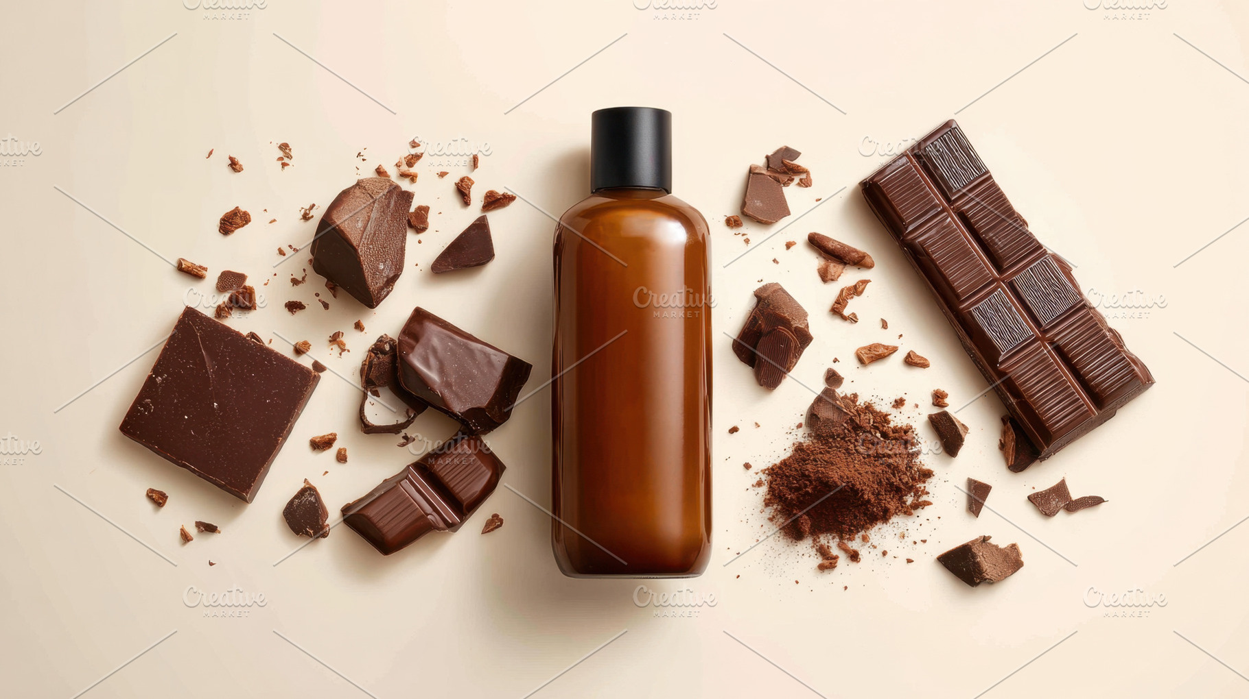 Dark choc and bottle on table, a Photo by Beautiful things
