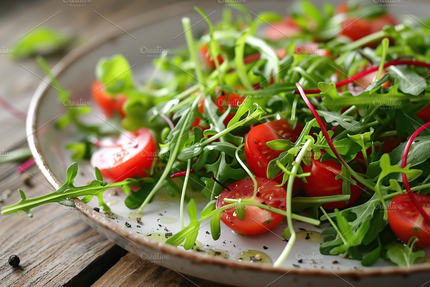 Fresh salad with microgreen, arugula and tomatoes in plate on wooden table, a Food & Drink Photo by AlyaAnd