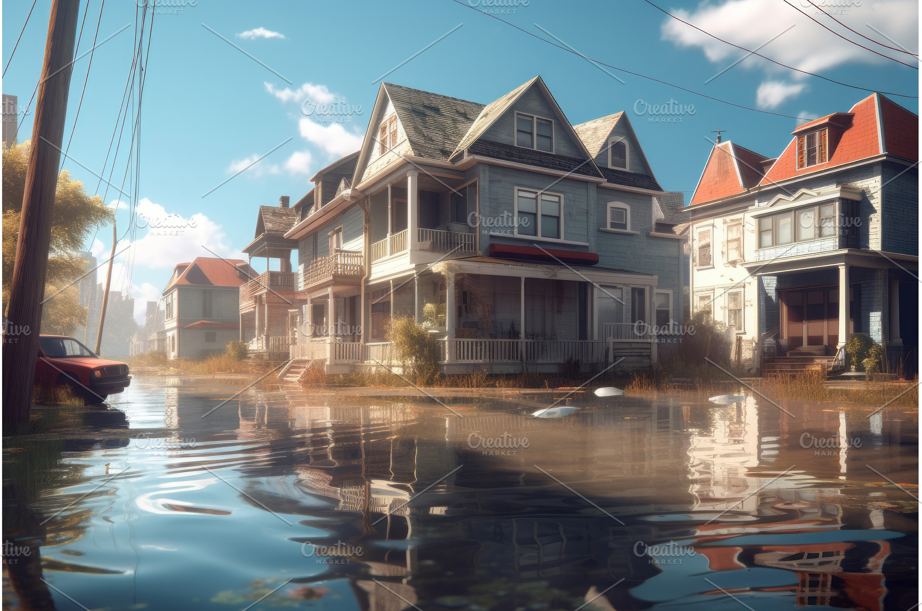 Flooded houses weather calamity, an Architecture Photo by Ylivdesign