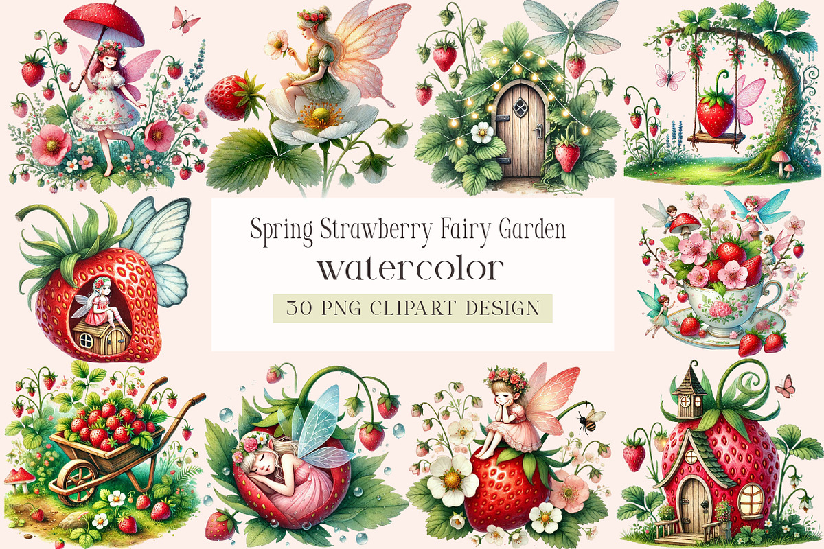 Spring Strawberry Fairy Garden, a Seasonal Illustration by DreamArtGraphic (Photo 1 of 5)