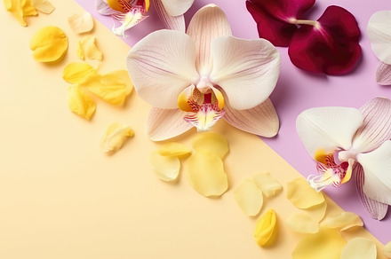 Beautiful orchid petals on a colorful background. Spring concept. Generative AI, a Photo by José Manuel Gelpi