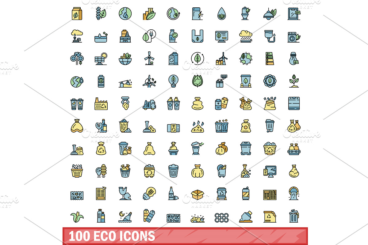 100 eco icons set, color line style, an Object Illustration by Ylivdesign