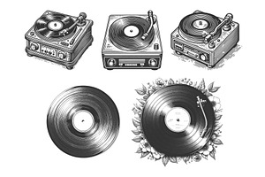 Turntables and Vinyl Records set, an Illustration by AlexArt