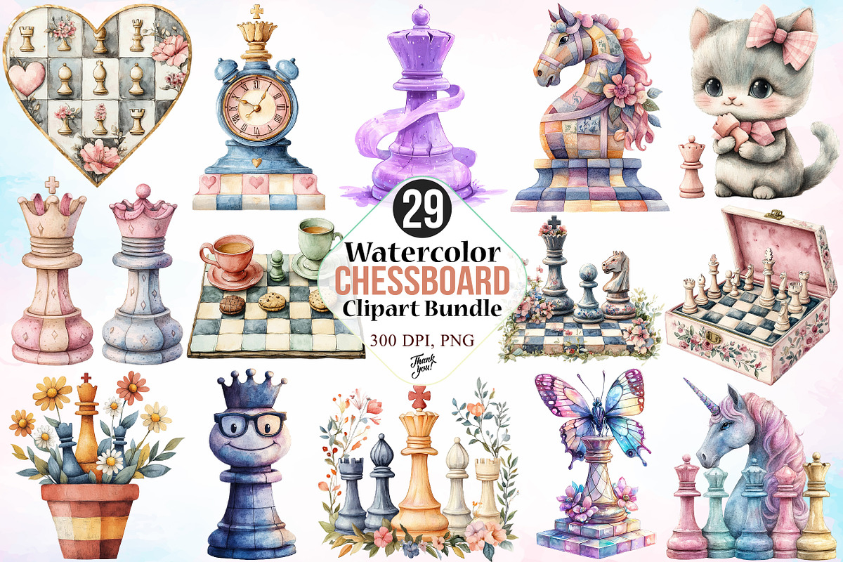 Watercolor Chessboard Clipart Bundle, a Sport Illustration by Canvas Craft (Photo 1 of 3)