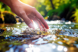 Hand Touching Clear Stream in Sunlit Forest, a Nature Photo by Davizro's Market