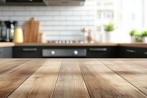 Modern wooden table top with kitchen, a Photo by Iftikhar Alam