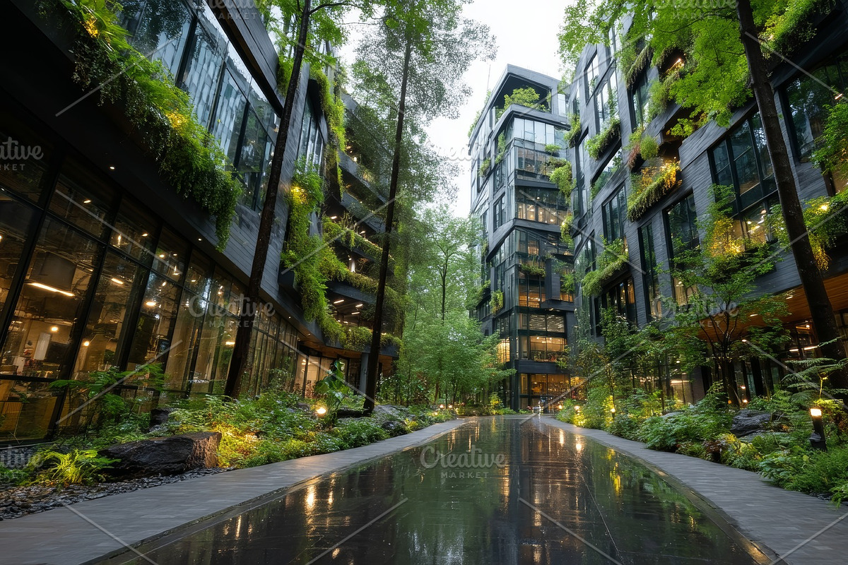 Urban courtyard oasis with glass buildings and lush greenery, a modern architec, an Illustration by AS photostudio