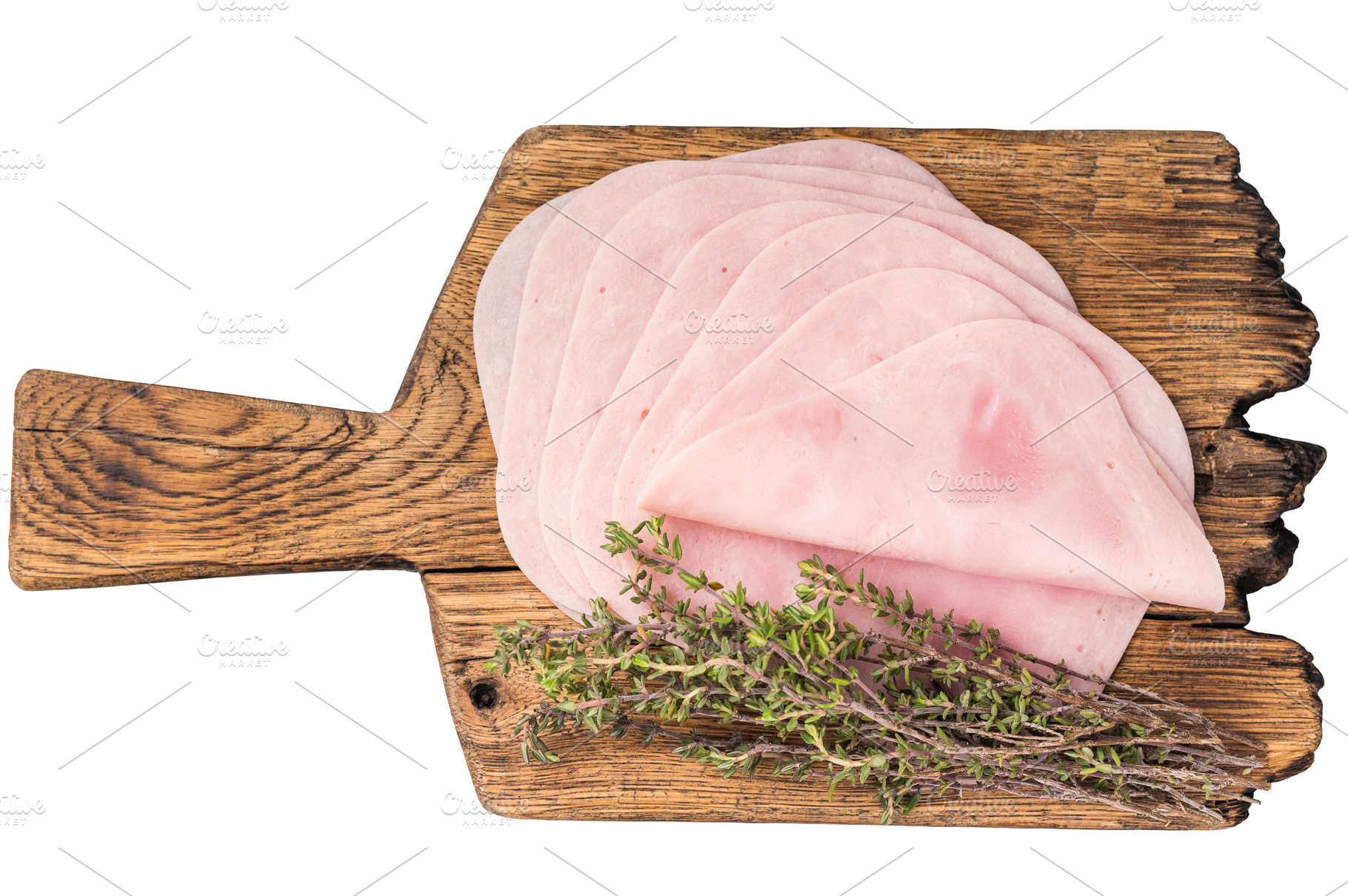 Delicious slices of cured ham on a wooden platter, ideal for ent, a Food & Drink Photo by composter-box@mail.ru