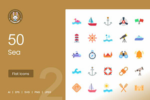 50 Sea Flat Multicolor Icons, an Icon by IconBunny