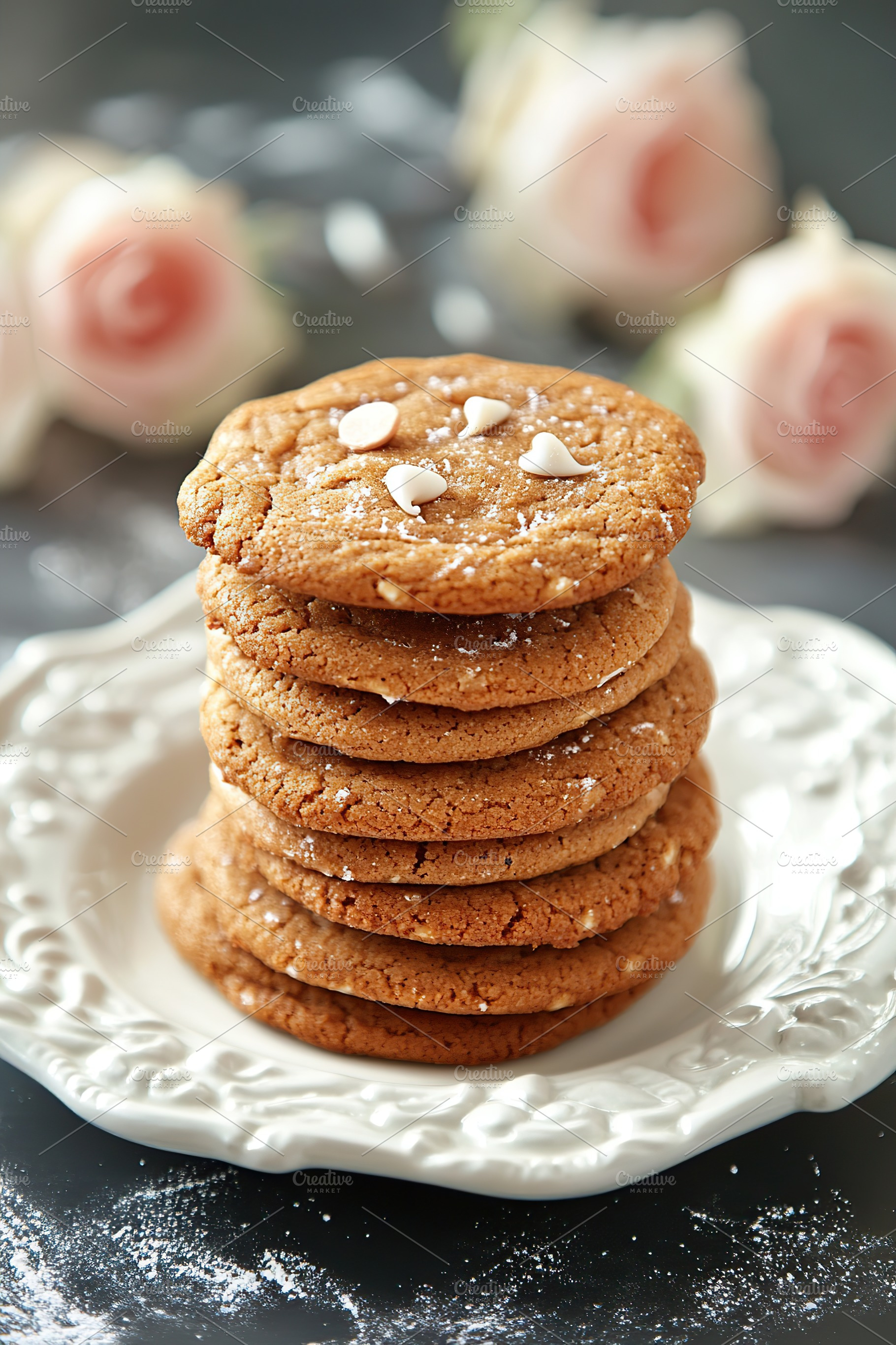 Delicious stack of homemade chocolate chip cookies on a decorative plate, a Food & Drink Photo by AlyaAnd