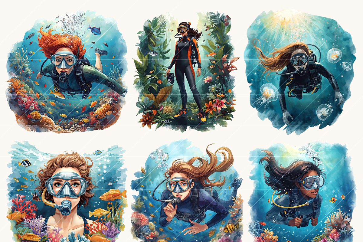 Watercolor Woman Diving Clipart, a Person Illustration by Design Scotch (Photo 3 of 8)