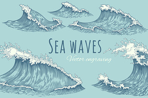 Set Sea waves. Vector engraving.