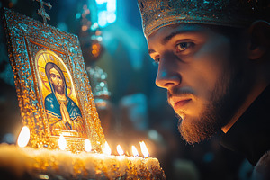 Individual praying before an illumin, a Photo by Tanuart