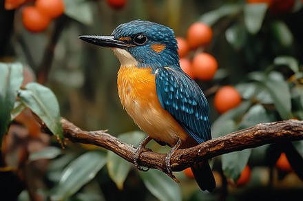 Colorful kingfisher perched on a bra, a Photo by Tanuart