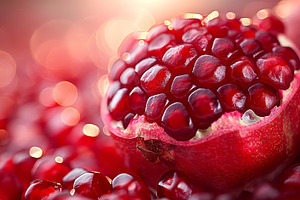 Close-up of a freshly cut pomegranate revealing vibrant red seed, a Food & Drink Photo by ImageMir