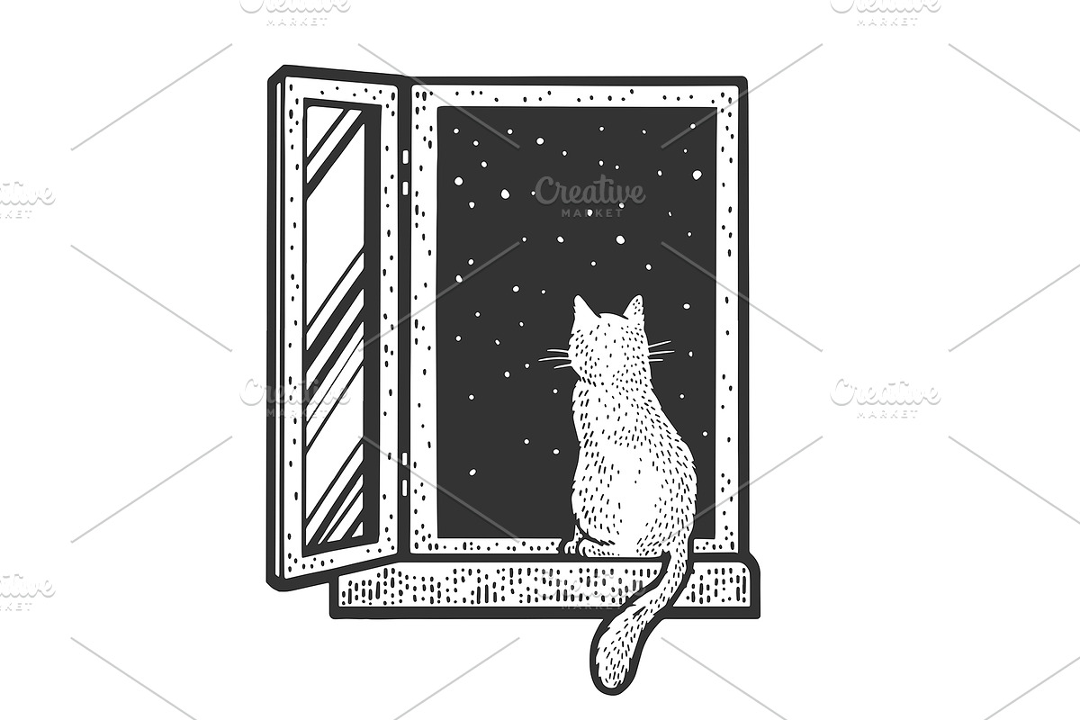 cat in night window sketch vector, a Background Graphic by AlexArt