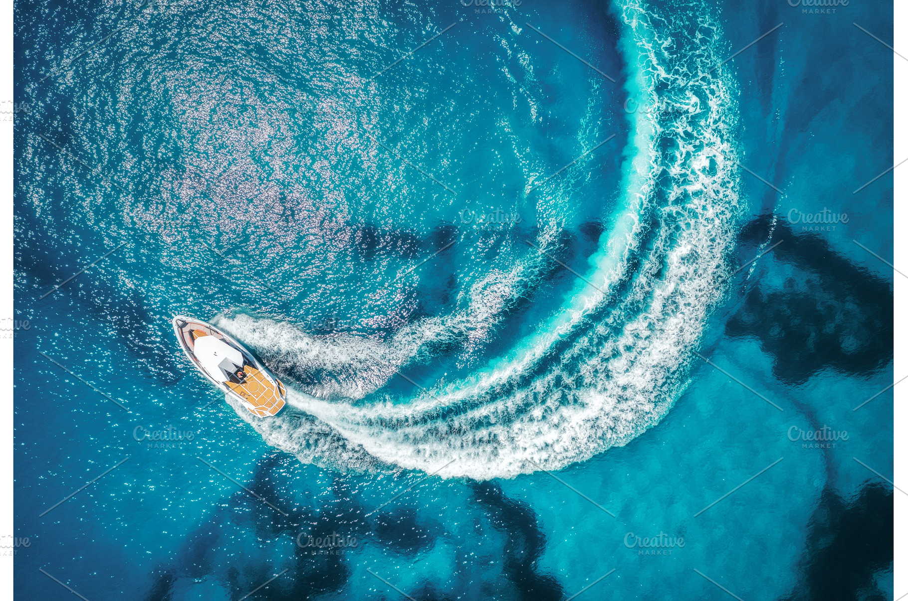 Aerial view of the speed boat in, a Nature Photo by den-belitsky