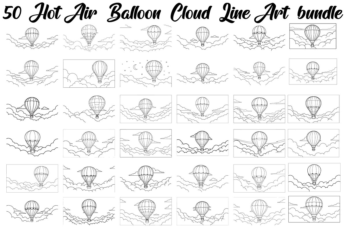 Hot Air Balloon Cloud Line Art bundl, an Illustration by Designer_Momina (Photo 1 of 51)