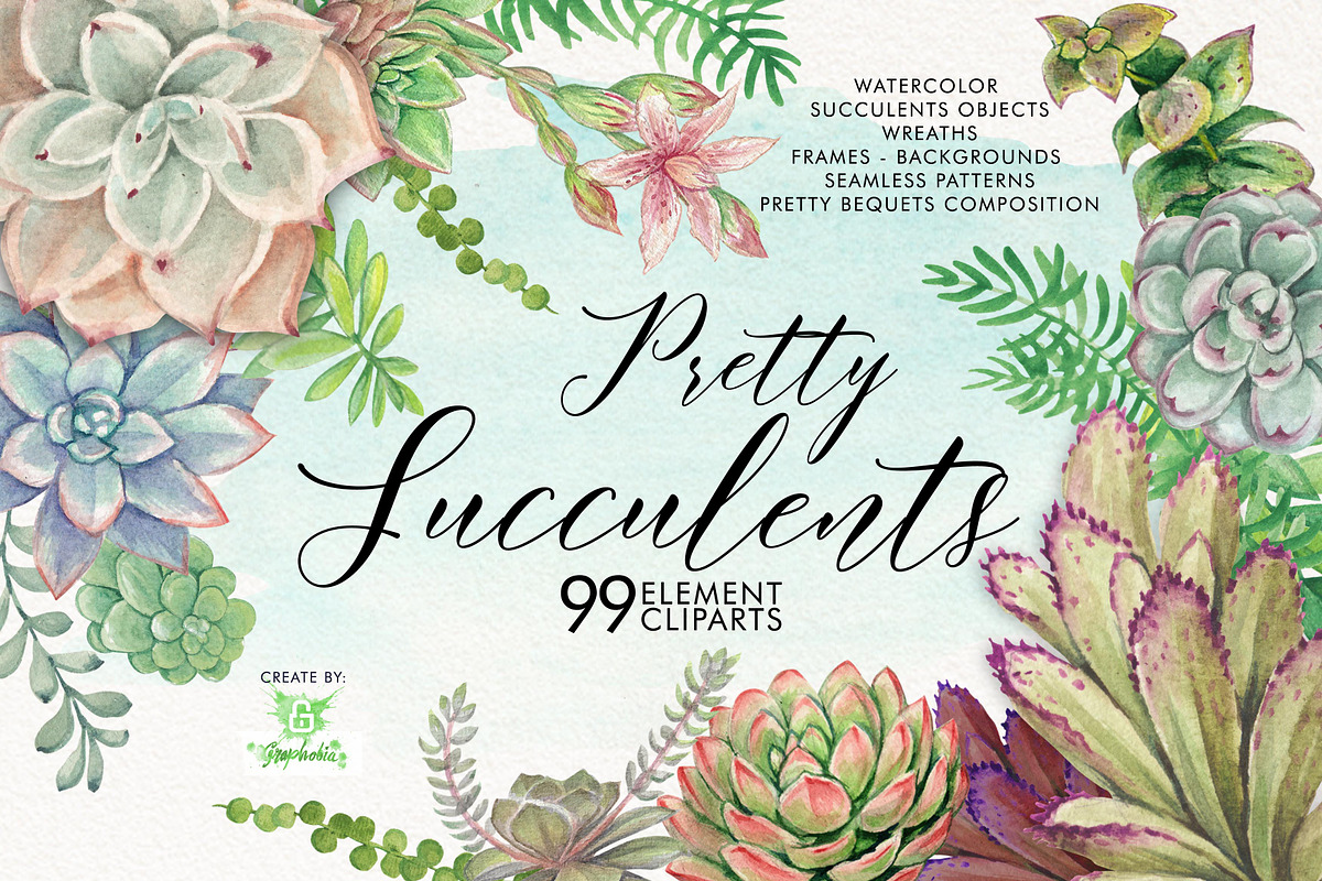 Watercolor Pretty Succulents, an Illustration by Graphobia (Photo 1 of 10)