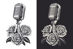 Vintage Microphone And Roses Vector