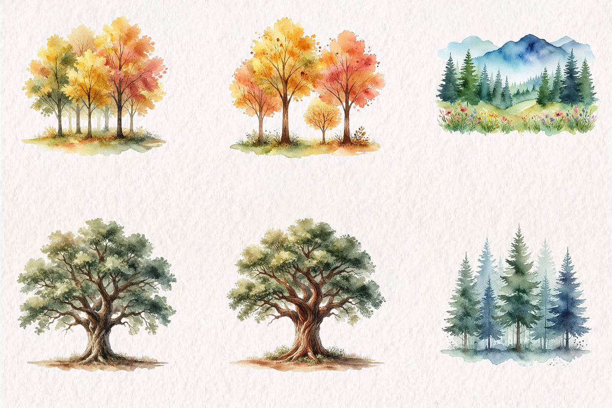 Watercolor Forest Landscape Clipart, a Seasonal Illustration by CreationArt (Photo 2 of 7)