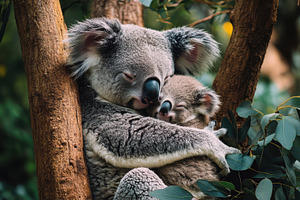 A mother koala and her joey sleeping, an Animal Photo by Pixeness Studio