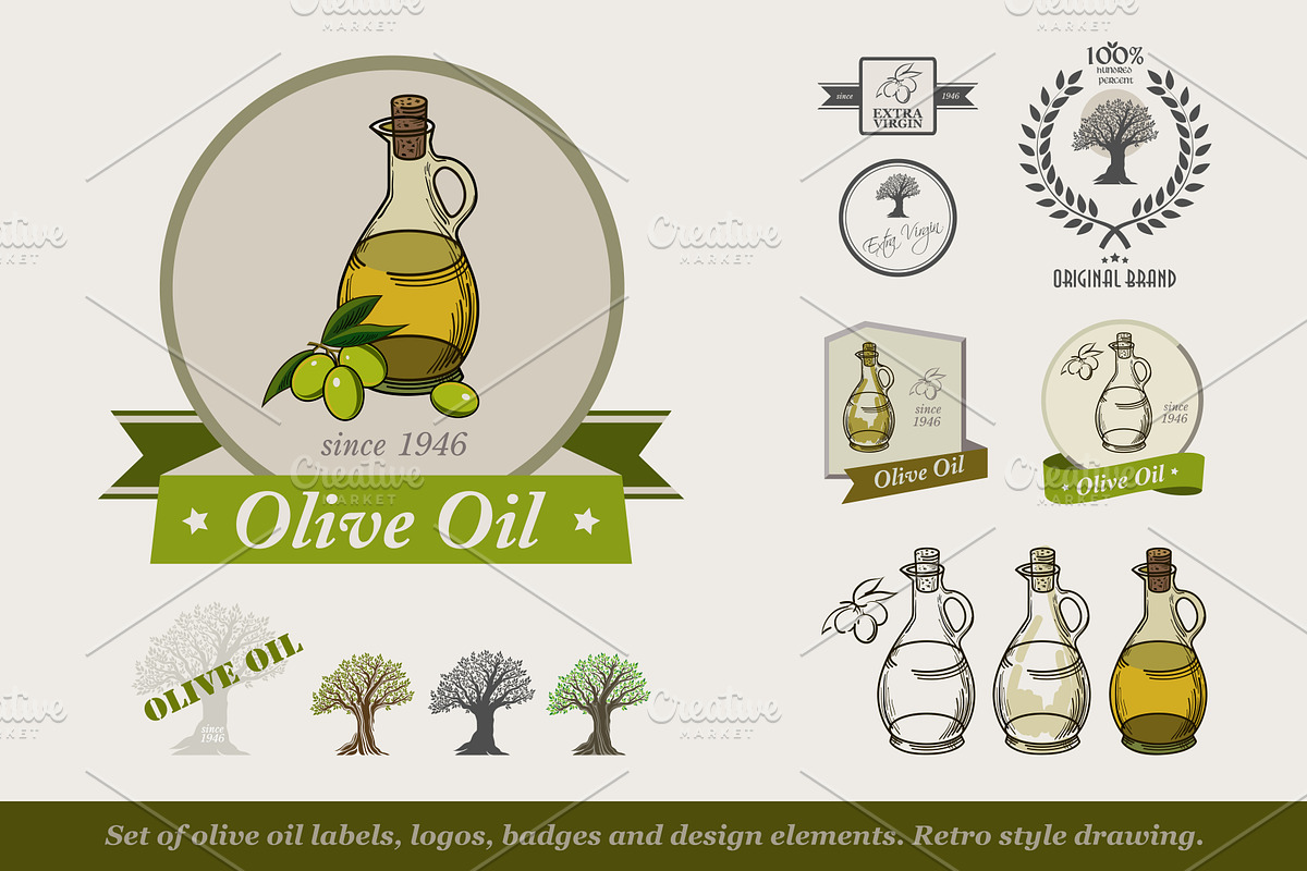 Set of olive oil labels, a Food Illustration by GalaStudio
