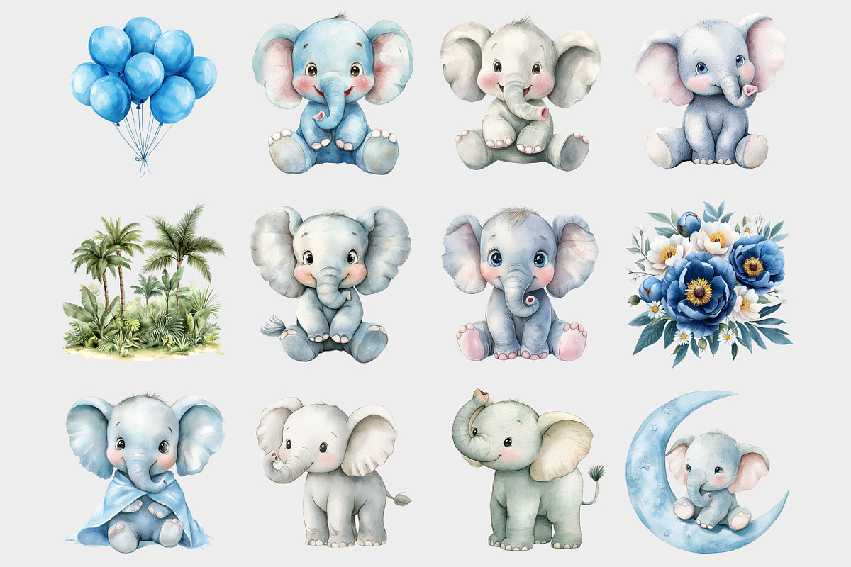 Watercolor Baby Blue Elephant Clipar, a Seasonal Illustration by Design Market (Photo 2 of 5)