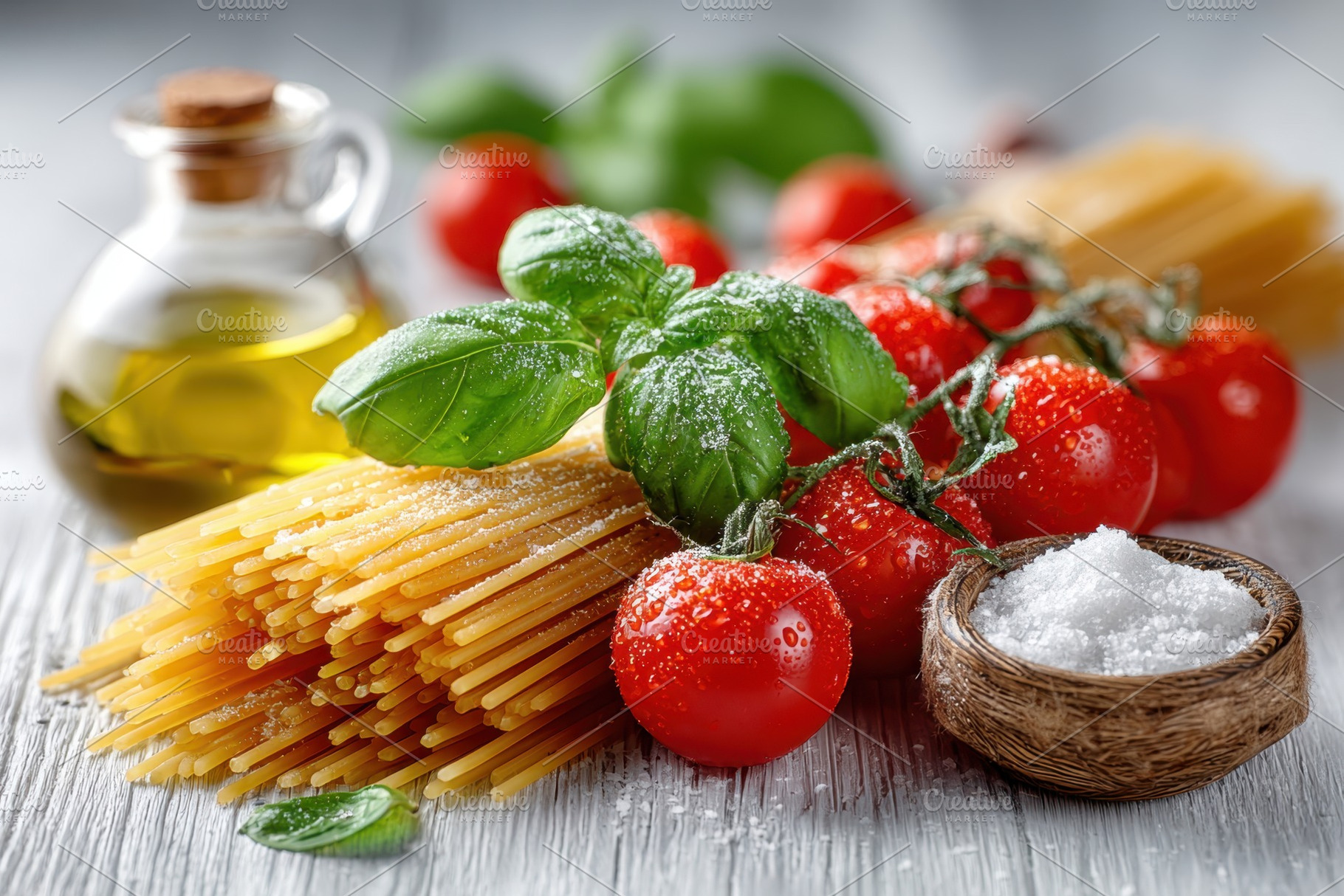 Fresh ingredients for Italian pasta dish, a Food & Drink Photo by AlyaAnd