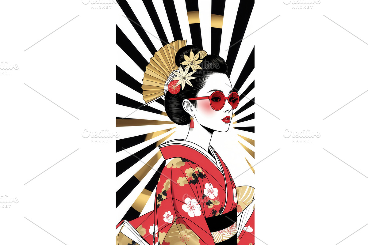 Stylish geisha in traditional red, an Illustration by tilialucida
