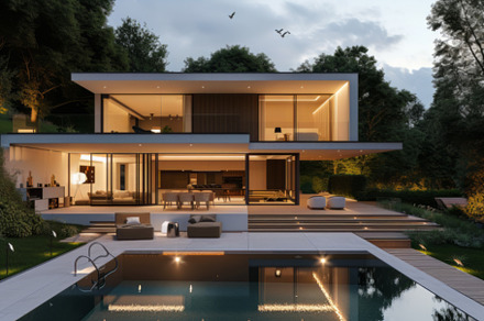 Contemporary Home with Pool and Outdoor Living Space at Dusk, an Abstract Photo by Natalia Klenova's Shop