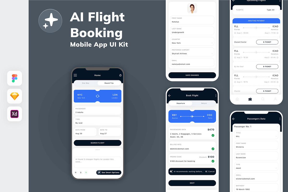 AI Flight Booking Mobile App UI Kit, an UI Kit Template by uicube