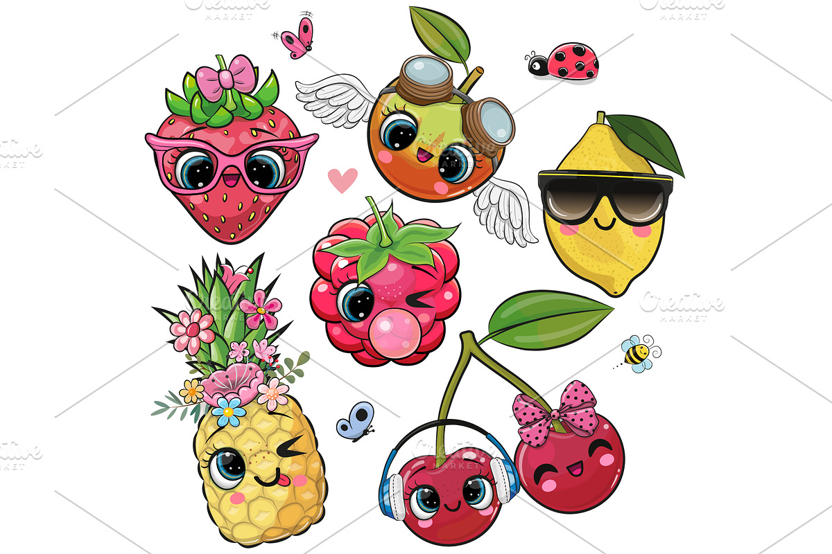 Set of Cute Cartoon Fruits, a Food Illustration by Regina Art (Reginast777)