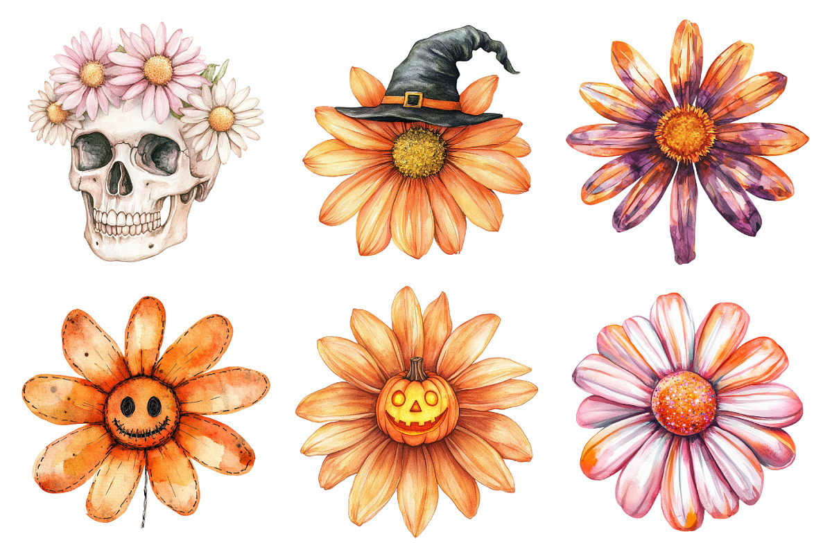 Watercolor Groovy Halloween Daisies, an Illustration by Daily.Designs (Photo 5 of 5)