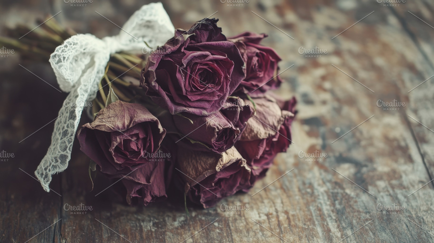 Dried roses tied with ribbon on wood, a Photo by Beautiful things