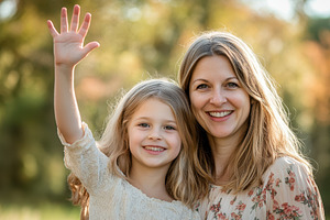 Mother and daughter joyfully waving, a Photo by Iftikhar Alam