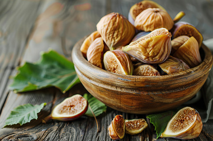 Dried figs fruit in bowl on wooden table, a Food & Drink Photo by AlyaAnd
