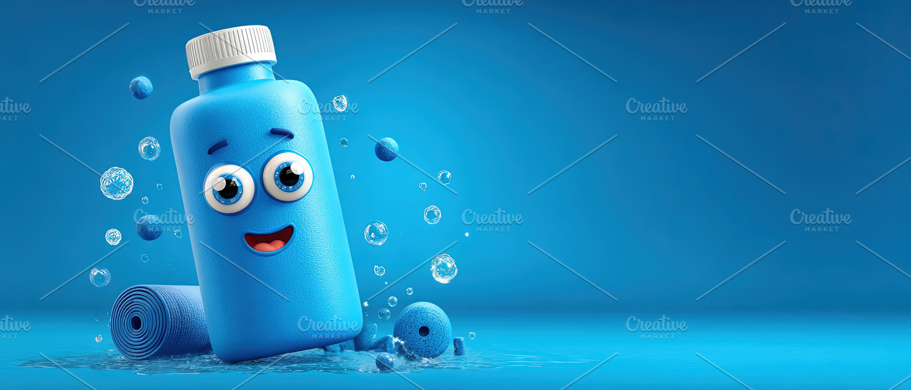 Smiling blue water bottle with cartoon eyes and bubbles on blue, an Abstract Photo by Ales Munt