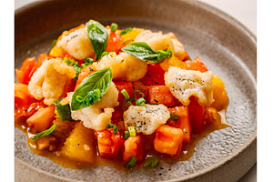 Salad with puffed squid, oranges and, a Food & Drink Photo by Fascinadora