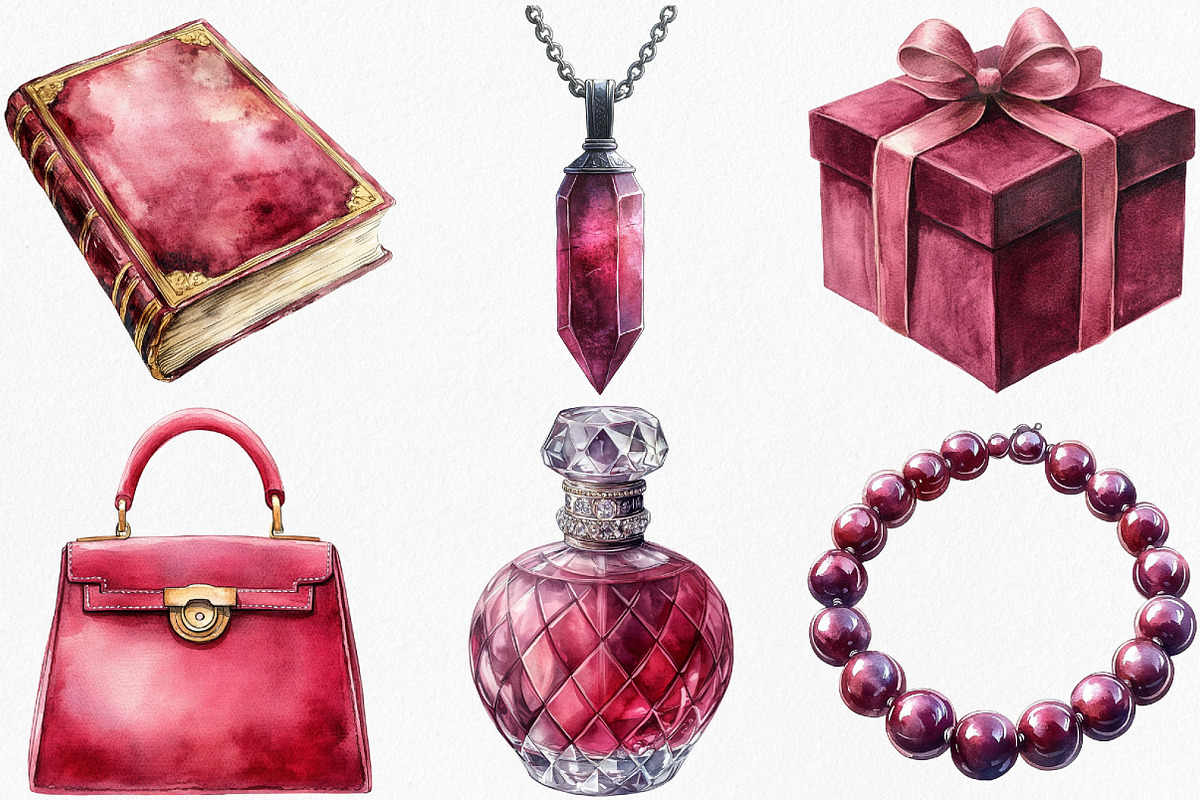 Watercolor Burgundy Beauty Clipart, an Illustration by Canvas Craft (Photo 2 of 7)