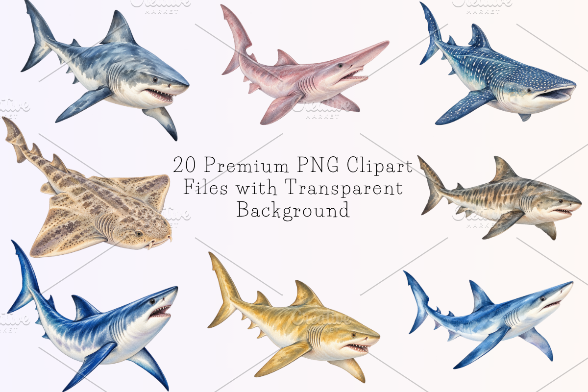 Watercolor Shark Clipart PNG Bundle, an Animal Illustration by Ink Gallery (Photo 5 of 7)