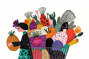 Tired woman next to a shopping cart, a Food Illustration by Sybillla