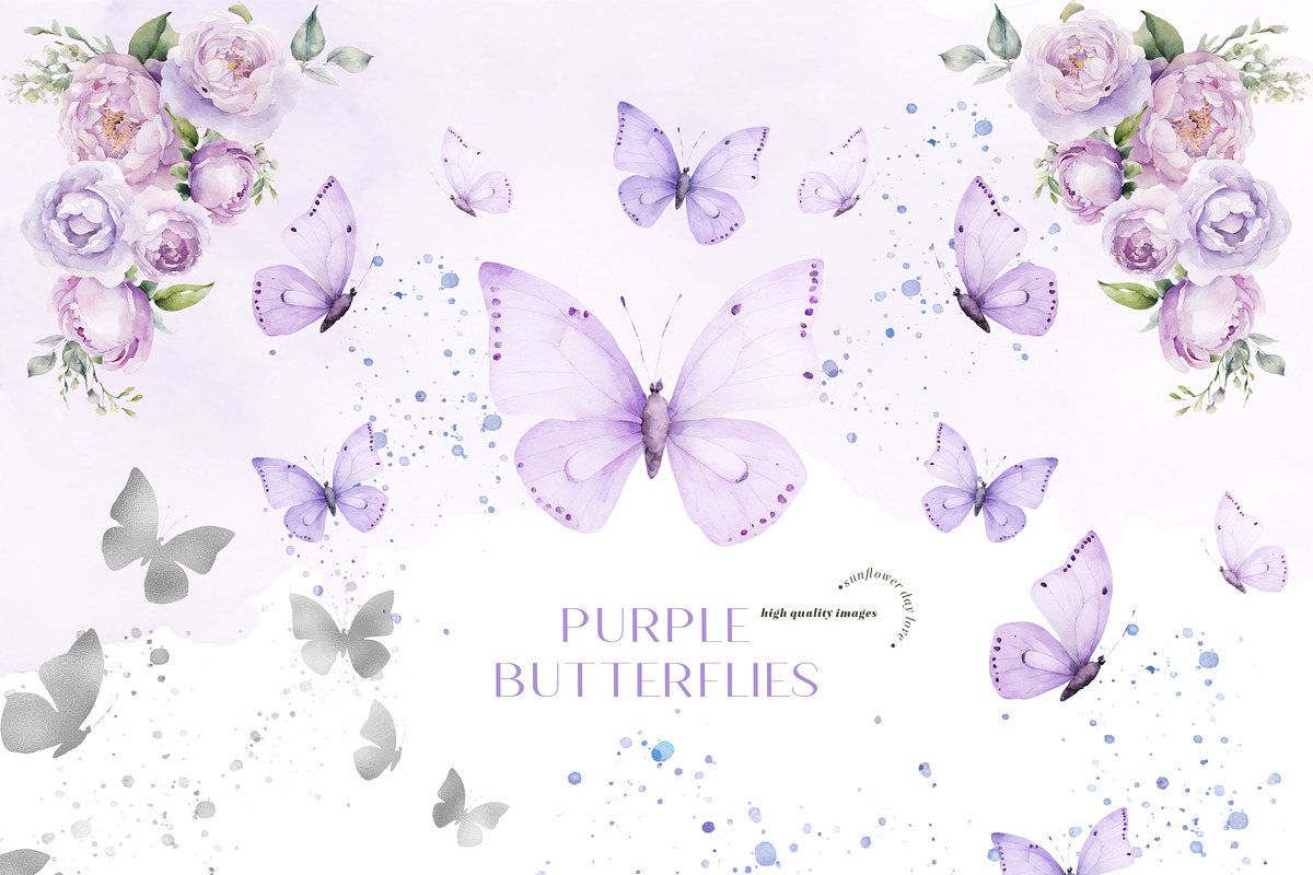 Purple Butterfly With Flower Clipart, an Illustration by Sunflower Day Love (Photo 1 of 4)