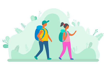 Man and Woman with Backpacks Walking