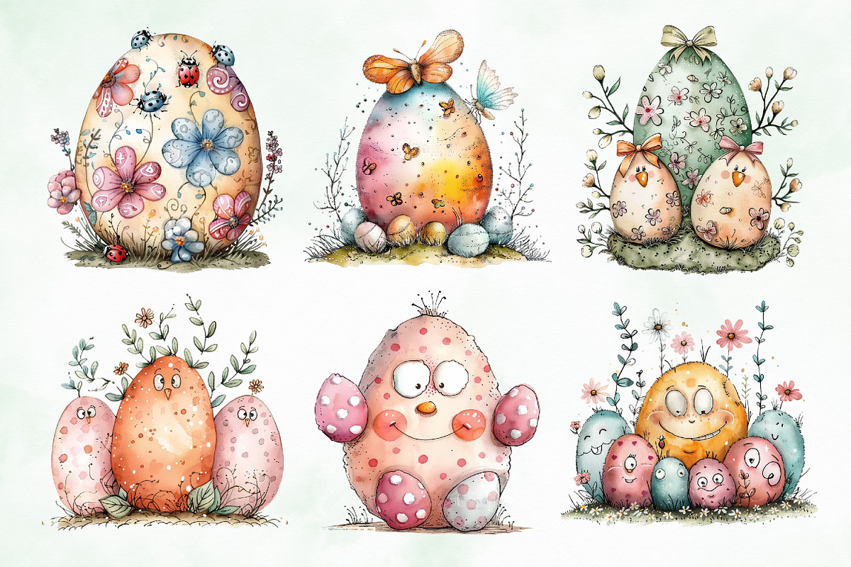 Watercolor Easter Cute Eggs Clipart, an Illustration by Creative Art (Photo 5 of 7)