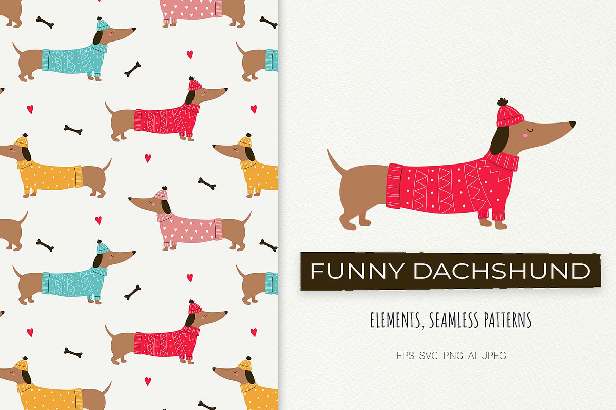 Funny Dachshunds Clipart & Patterns, an Animal Illustration by Irina Ostapenko (Photo 1 of 5)